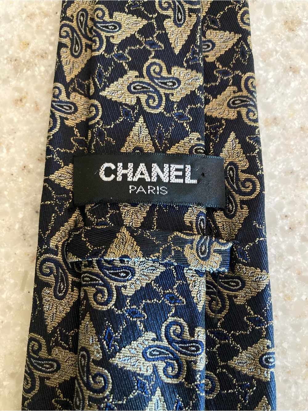 Navy And Gold Paisley CHANEL 100% Silk Brocade NeckTie. Made In Italy. Luxury. - Picture 2 of 7